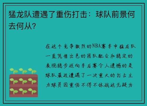 猛龙队遭遇了重伤打击：球队前景何去何从？